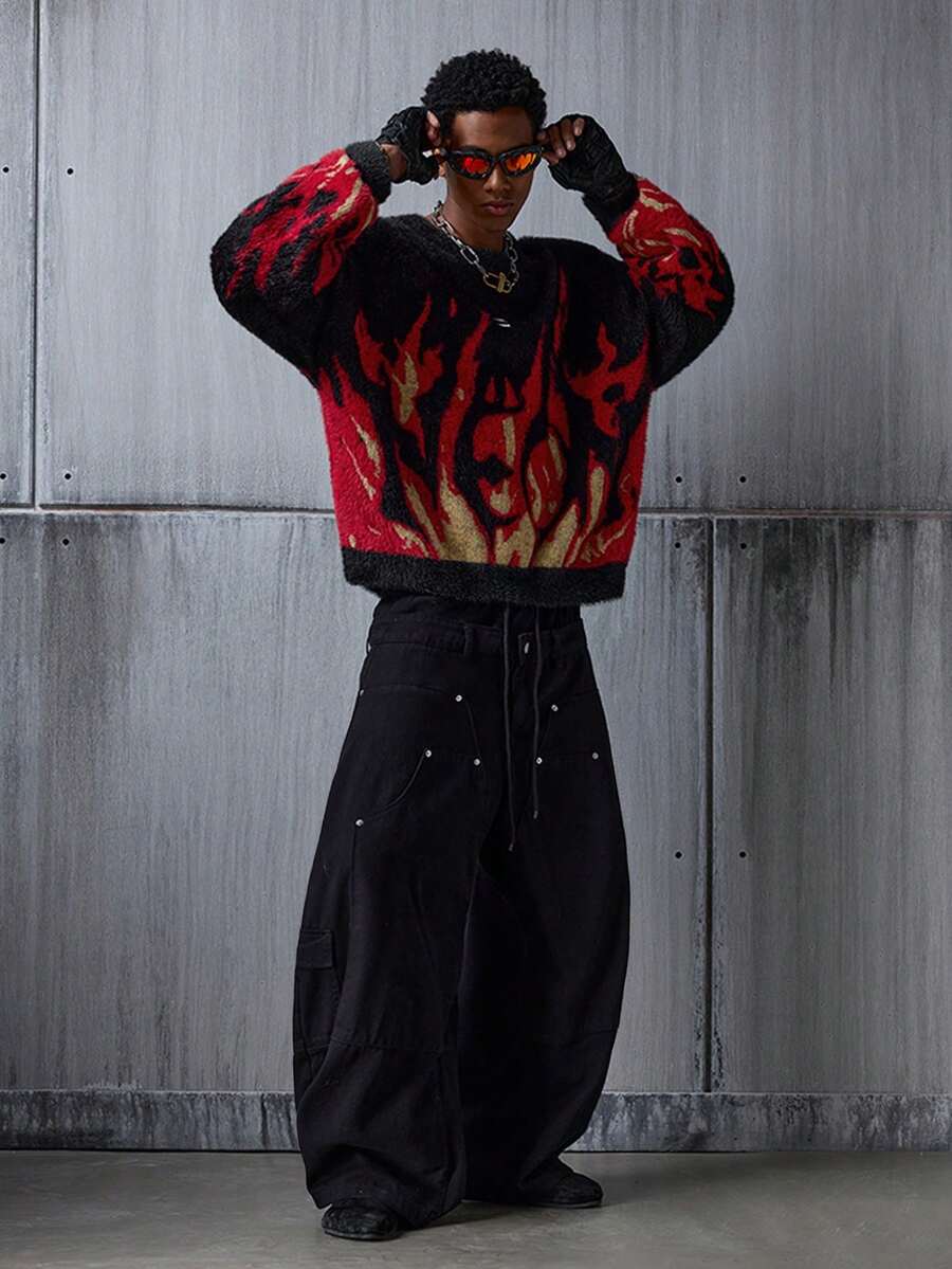 NEON BLANC Men's Flame Pattern Fleece Pullover Sweater, Winter - Black - View 1