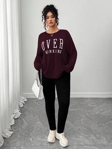 SHEIN LUNE CURVE Plus Size Casual Round Neck Long Sleeve Letter Embroidery T-Shirt, Autumn - Maroon - View 3