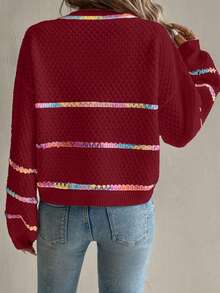 Chiquease Loose Fit Striped Knit Sweater For Women, Autumn/Winter - Burgundy - View 2