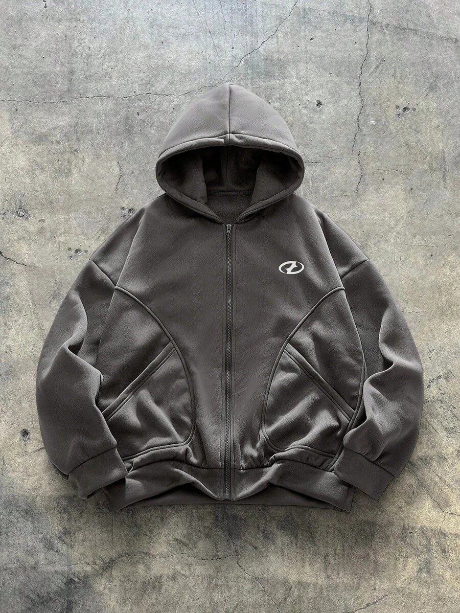 AXEPEAK 男士几何印花拉链休闲羊毛连帽衫，秋冬 - 深灰色 - 查看 1