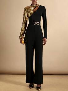 SHEIN Veneréa 女士性感优雅镂空亮片拼接连体裤 - 黑色 - 查看 3