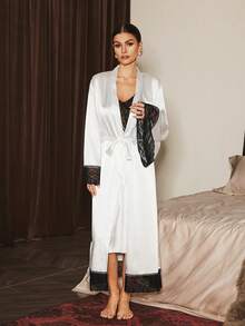 Slumberist Bộ đồ ngủ satin nữ, ren chắp vá gợi cảm, váy ngủ thanh lịch và áo choàng, quần áo mùa đông - trắng - Xem 6