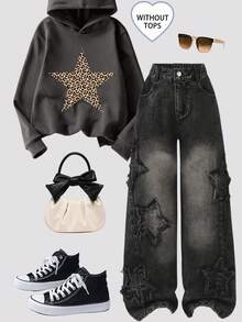 Sparklyn Tween Girls Y2K 风格女孩牛仔裤，黑色，五角星刺绣贴片，直筒宽松版型，舒适柔软面料，日常时尚百搭