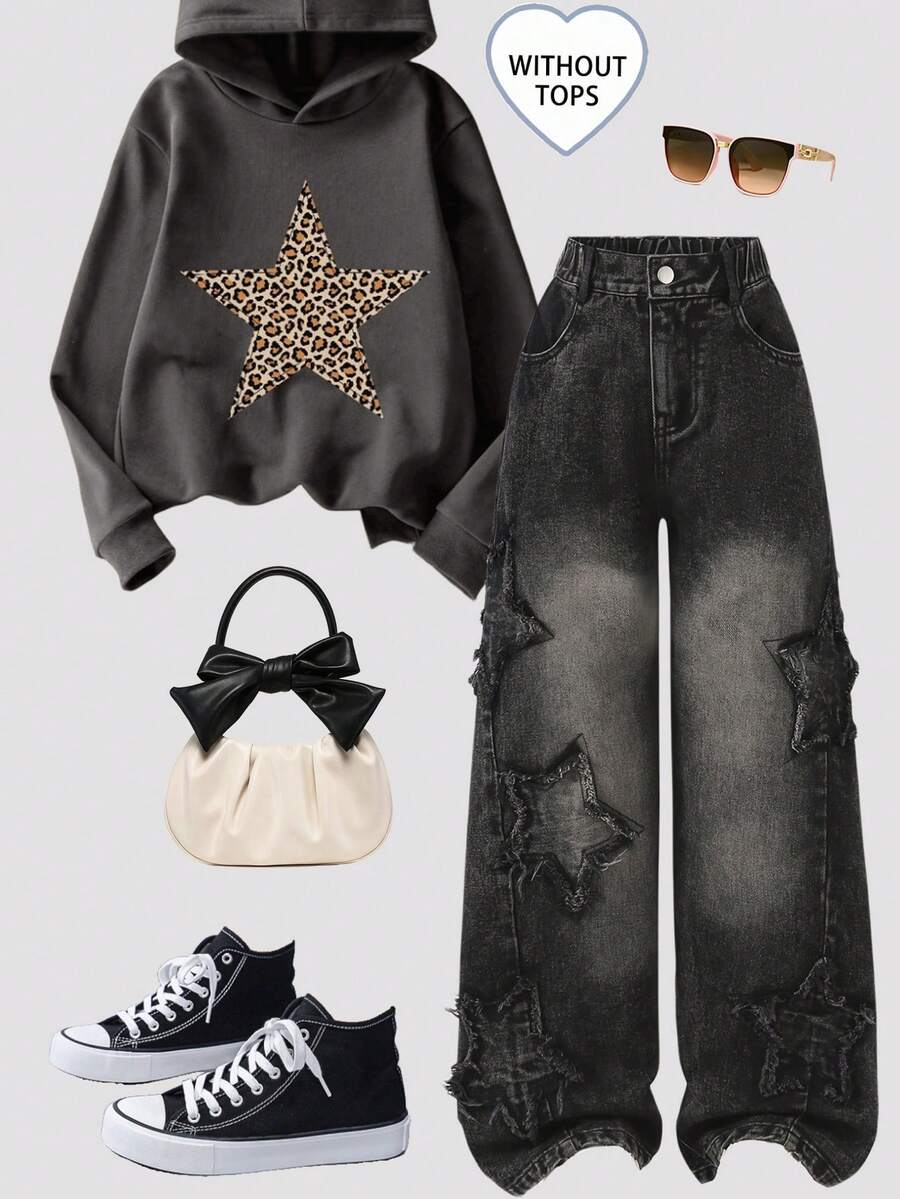 Sparklyn Tween Girls Y2K 风格女孩牛仔裤，黑色，五角星刺绣贴片，直筒宽松版型，舒适柔软面料，日常时尚百搭