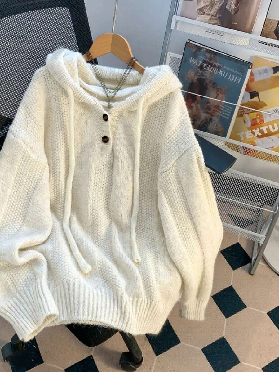 GlowEve CURVE 大码女式秋冬时尚休闲简约百搭米色纹理拼接纽扣前开领连帽套头衫适合秋冬装 - 米色 - 查看 1