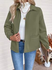 EMERY ROSE Women's Solid Color Casual Zip-Up Thermal Lined Long Sleeve Jacket, Autumn/Winter - Army Green - View 5
