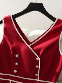 GlowEve 女士新款圣诞红色吊带连体裤，高腰阔腿连体衣，秋冬 - 酒紅色 - 查看 3