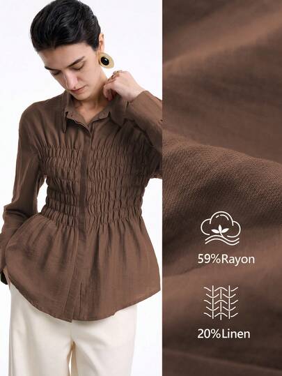 Aalyst 女士法式优雅奢华休闲度假办公室通勤复古舒适纯色人字纹亚麻面料隐形门襟衬衫领抽绳腰部 A 字长袖衬衫，适合春秋冬