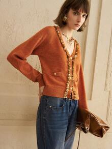 Arave 女式宽松夏尔巴面料开衫，亮片装饰设计，时尚休闲 - 橘色 - 查看 8