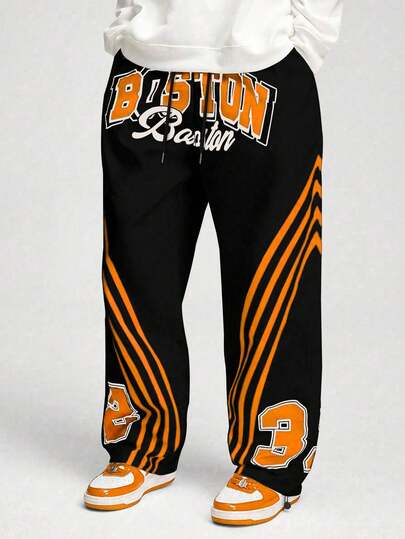 Street Life Pantalon décontracté à jambes larges avec cordon de serrage à la taille et poches, motif rayé et lettrage pour hommes