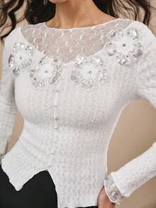 Omancia Camiseta básica de mujer con flores de lentejuelas y peluche, otoño/invierno - Blanco - Ver 3