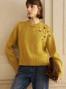 Arave Women's Loose Fit Sweater With Sequins Embellishment And Sequins Design, Suitable For Daily Commute - Yellow - View 1