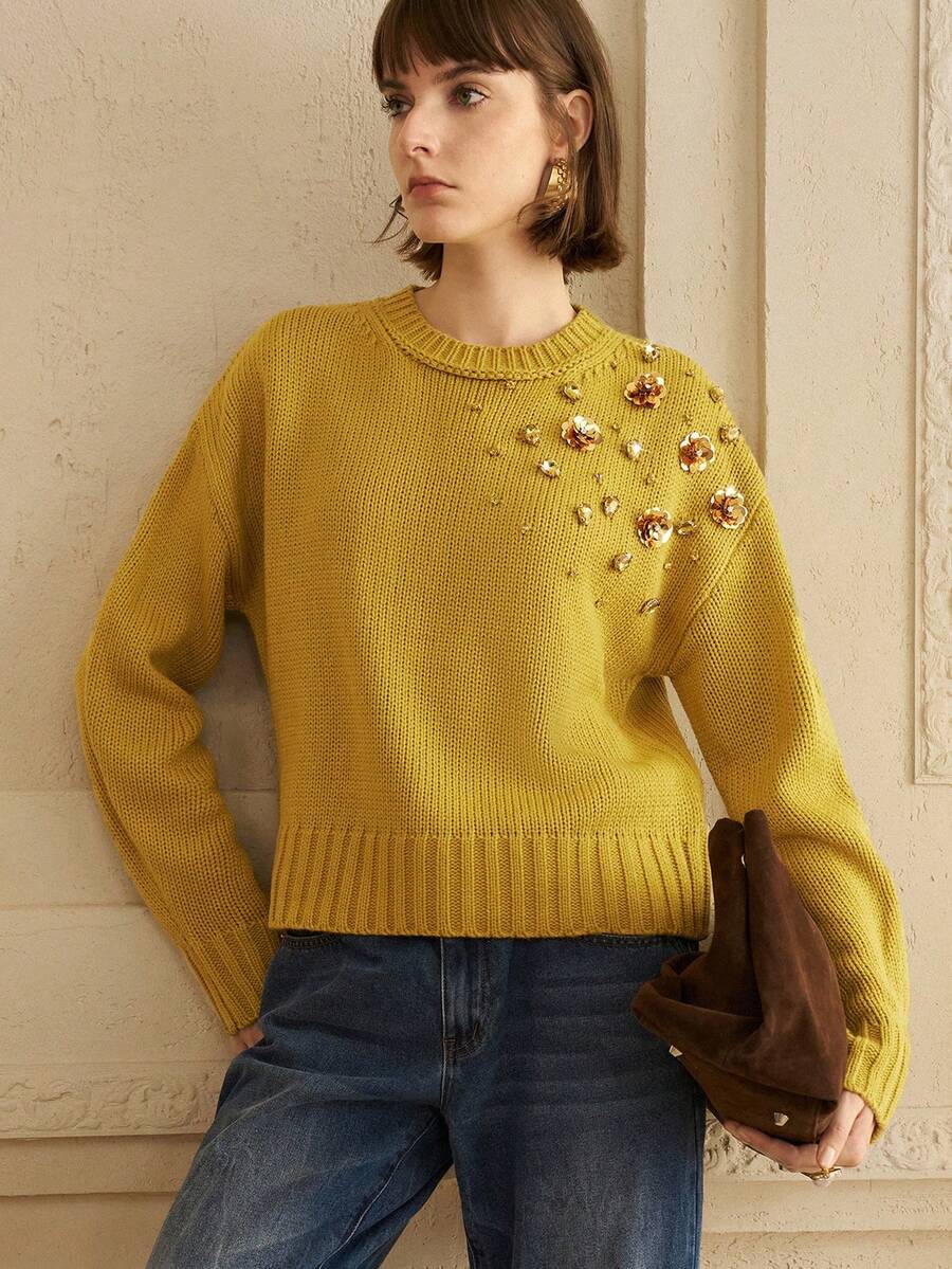 Arave Women's Loose Fit Sweater With Sequins Embellishment And Sequins Design, Suitable For Daily Commute - Yellow - View 1