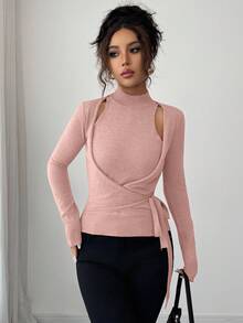 Elenzga Áo len dệt kim dáng rộng 2 trong 1 thoải mái, nhẹ, không đối xứng, hở vai, dây chéo, phong cách giản dị - Hồng - Xem 3