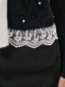 Penseblé Women's Fashion Round Neck Beaded Bowknot Hem Contrast Lace Cardigan Sweater Jacket, Black, Suitable For Christmas And New Year - Black - View 3