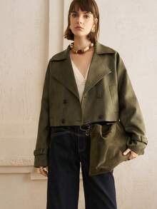 EMERY ROSE 女式仿皮翻领双排扣水洗面料休闲通勤夹克 - 軍綠色 - 查看 8