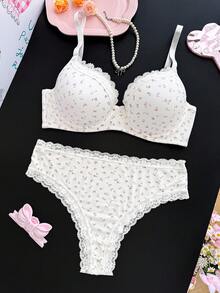 PetitDoll 2pcs Plus Size Sweet & Fresh Ins Style Bra Set With Underwire, Lift - White - View 3