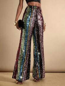 SHEIN Veneréa 女士彩色条纹亮片直筒宽松裤 - 彩色 - 查看 4