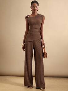 SHEIN Veneréa Women's Asymmetrical Knit Top + Wide Leg Pants Fashio2 Piecesce Set - Brown - View 3