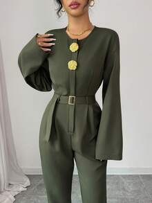 Elenzga Metall Dekor Knopf Taille Langarm Jumpsuit - Armeegrün - Übersicht 6