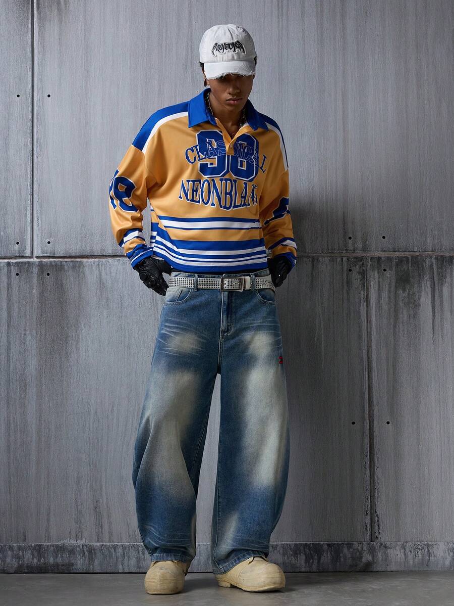 NEON BLANC Men's Casual Commuter Street Letter & Stripe Print Drop Shoulder Long Sleeve T-Shirt - Yellow - View 1