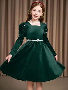 SHEIN 女童勃艮第酒红色纯色优雅长袖连衣裙 - 墨綠色 - 查看 2