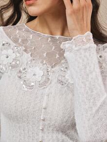 Omancia Camiseta básica de mujer con flores de lentejuelas y peluche, otoño/invierno - Blanco - Ver 4