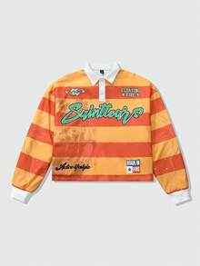 ROMWE MEN Áo Polo tay dài unisex kiểu dáng preppy, in chữ tiếng Anh Mỹ và họa tiết sọc, phong cách đường phố, thu đông, thích hợp mặc mùa thu/đông. - Màu vàng - Xem 4