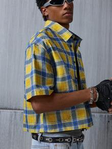 NEON BLANC Men's Short Sleeve Single-Breasted Yellow Spider Web Textured Rhinestone Embellished Shirt - Yellow - View 5