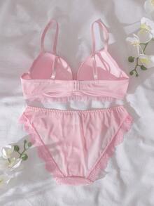 DelicateAllure 2pcs Contrast Color Satin 3/4 Cup Underwire Padded Push Up Balconette Bra Set,Ruchedd Trim, Bow Decor, Comfortable Triangle Cup Women Lingerie Set Pink Lingerie Kawaii Lingerie