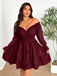 Vionelle Vestido de fiesta con mangas abullonadas, escote en V y ajuste ceñido para tallas grandes - Burdeos - Ver 2