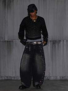 NEON BLANC Men's Rhinestone Embellished Crew Neck Loose Fit Pullover Sweater, Long Sleeve Top - Black - View 6