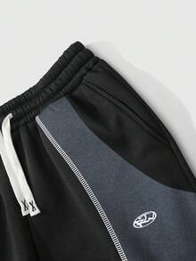 ROMWE MEN Prep Unisex American English Print Patchwork Hoodie Set, Casual Streetwear, Autumn/Winter - Black - View 7