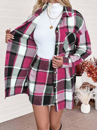EMERY ROSE Christmas Women's Plaid Drop Shoulder Long Sleeve Single-Breasted Jacket And Skirt 2 Pieces Set, Autumn/Winter Plaid Top And Skirt Set Plaid Two Piece Set Plaid Shirt