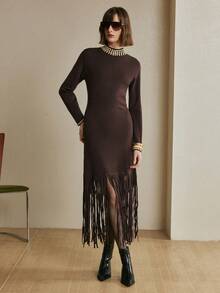 Arave Women's Slim Fit, Small High Collar, Cuffs With Beading Decoration, Hem With Tassel Stitching Design, Modern Party Long-Sleeved Sweater Dress,   Party Dress, Winter Clothes For Women - Chocolate Brown - View 5