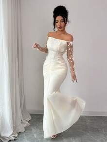 SHEIN Elenzya Vestido largo elegante de fiesta con hombros descubiertos y drapeado para mujer - Albaricoque - Ver 5