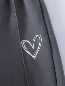 SHEIN Genkimix Kids 2pcs Young Girls Fashion Gray Chic Slim Heart Print Jacket & Elastic Waist Wide Leg Pants Set, Autumn/Winter