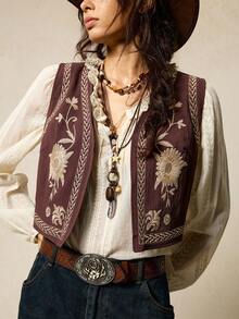 SoleilVie Áo khoác vest nhẹ hở trước thêu hoa dành cho nữ - Bụi tím - Xem 5