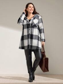 Momelise Plus Size Casual Plaid Hooded Jacket, Autumn/Winter - Black and White - View 5