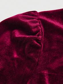 SHEIN Elladie kids Tween Girls Velvet Burgundy Crew Neck Long Sleeve Dress + Embellished Hem Design, Suitable For Autumn/Winter - Burgundy - View 8