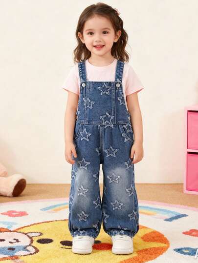 Young Girls' Denim Bib Pants And Jumpsuit, Vintage Dark Blue Denim Color, Five-Pointed Star Embroidery, Tapered Fit, Comfortable And Soft Fabric, Fashionable For Daily Wear, Suitable For Spring/Autumn