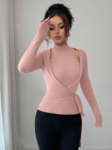 Elenzga Áo len dệt kim dáng rộng 2 trong 1 thoải mái, nhẹ, không đối xứng, hở vai, dây chéo, phong cách giản dị - Hồng - Xem 6