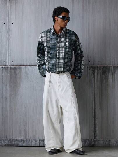 NEON BLANC Herren kariertes Langarm-Lässig Hemd mit einreihiger Knopfleiste, Drop-Shoulder