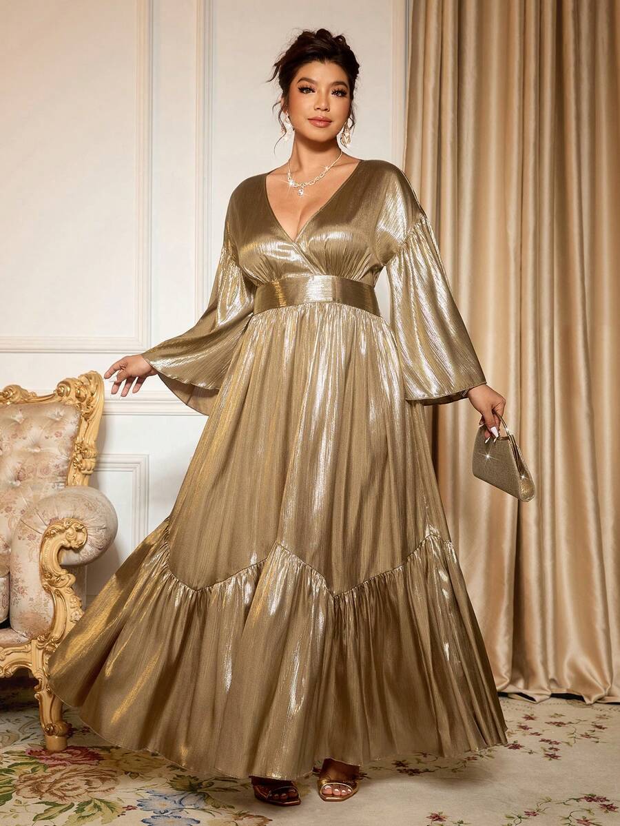 Cravure 加大码涂层亮色高端 V 领收腰喇叭袖修身派对连衣裙 - 金色 - 查看 1