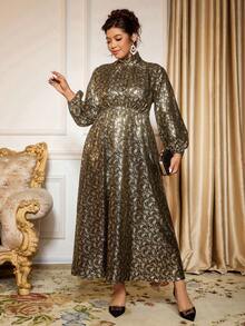 Cravure Váy dài tay cổ tròn họa tiết lá vàng thanh lịch cỡ lớn dành cho nữ, thích hợp để đi làm và dự tiệc - Vàng - Xem 5