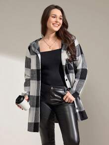 Momelise Plus Size Casual Plaid Hooded Jacket, Autumn/Winter - Black and White - View 3