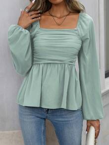 EMERY ROSE 女式纯色方领灯笼袖荷叶边下摆时尚衬衫 - 薄荷綠 - 查看 5