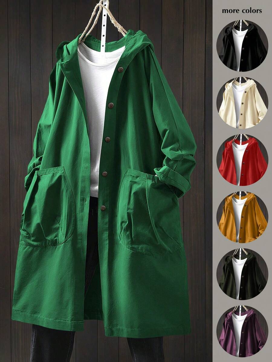 EMERY ROSE Áo khoác dài có mũ trùm đầu cỡ lớn thường ngày có túi lớn - màu xanh lá - Xem 1