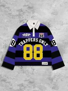 ROMWE MEN Men's Printed Preppy Long Sleeve Striped Polo Collar T-Shirt, Casual College Style Top - Purple - View 5
