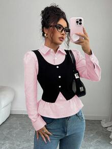 SHEIN Elenzya Women's Ribbed Patchwork Fuzzy Textured Ribbed Fabric Collared V-Neck Waist Cinched Design Patchwork Elegant Long Sleeve Blouse - Pink - View 5